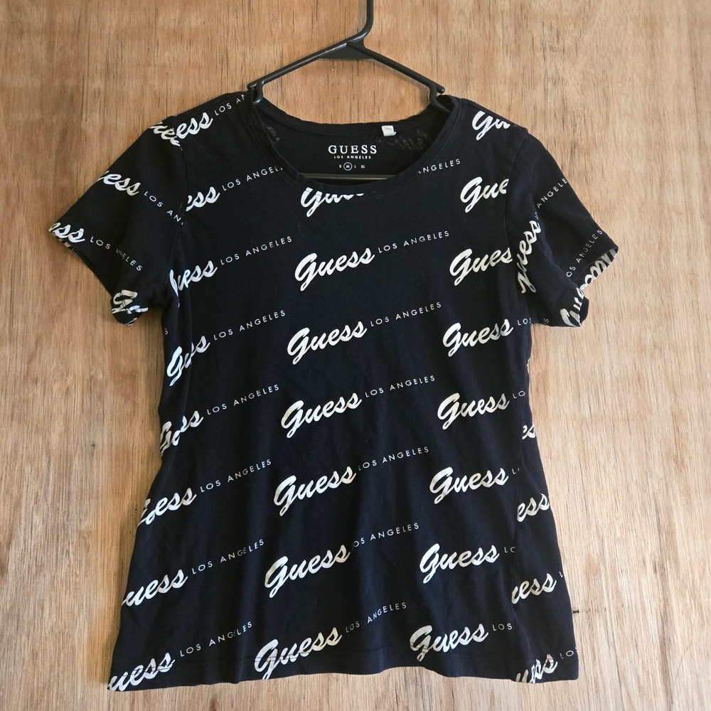 Guess Baby Tee Women's Black All Over Print Script Logo Streetwear Size Med